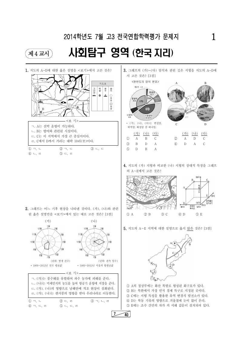 2014년 7월 고3 학력평가 한국지리 시험지 첫 페이지