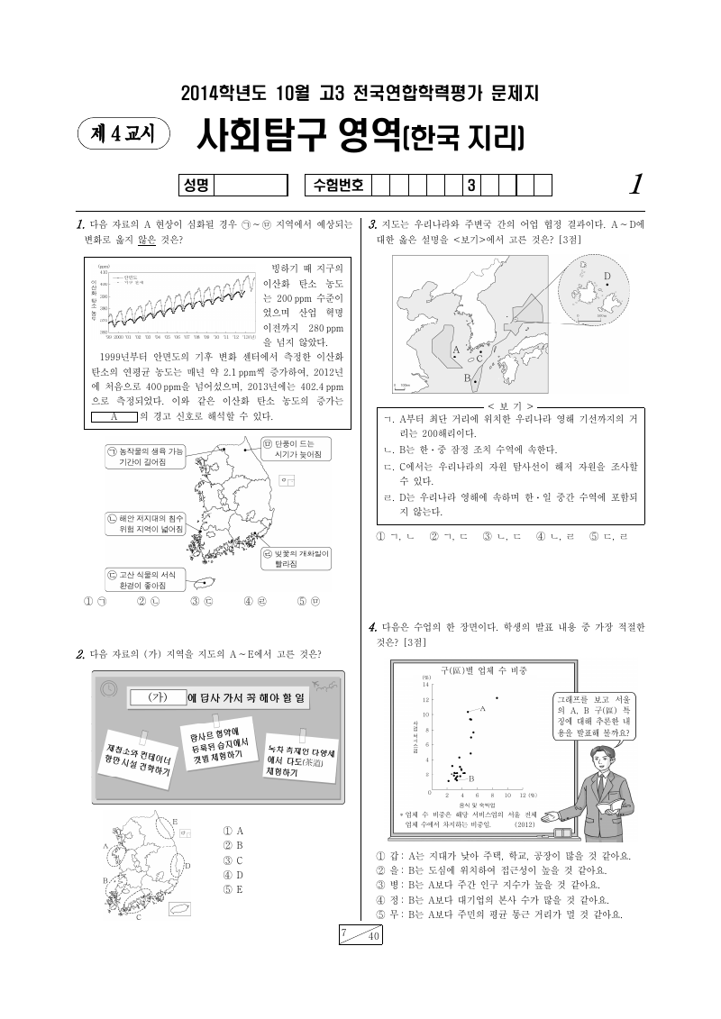 2014년 10월 고3 학력평가 한국지리 시험지 첫 페이지