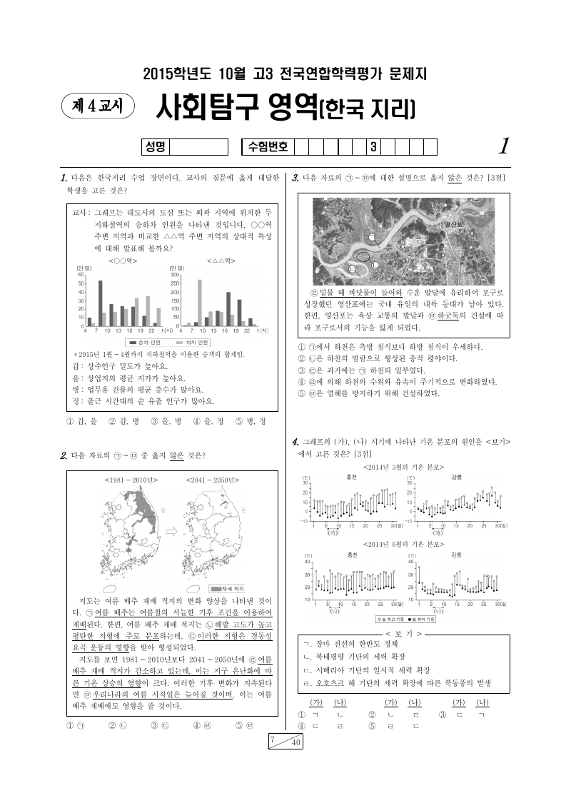 2015년 10월 고3 학력평가 한국지리 시험지 첫 페이지