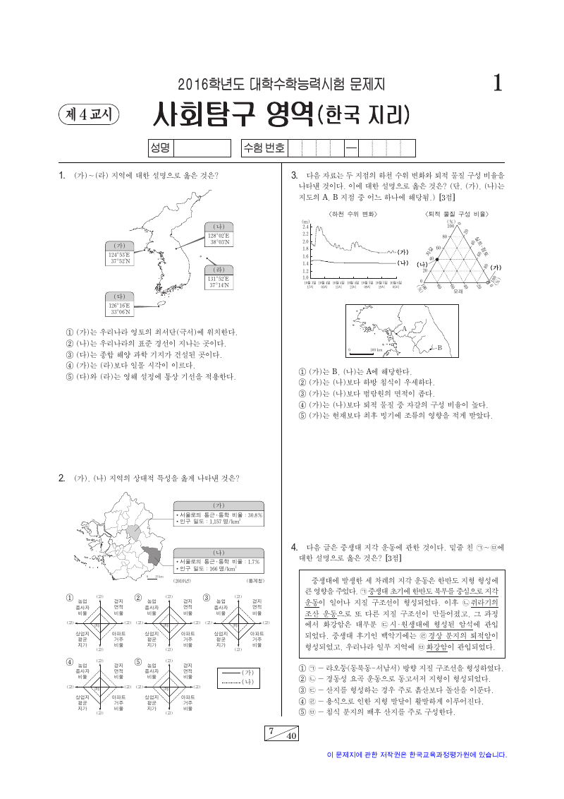 2016학년도 대학수학능력시험 한국지리 시험지 첫 페이지