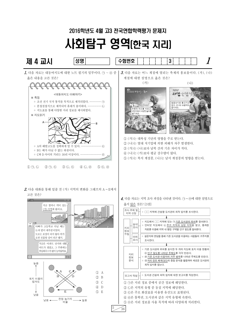 2016년 4월 고3 학력평가 한국지리 시험지 첫 페이지