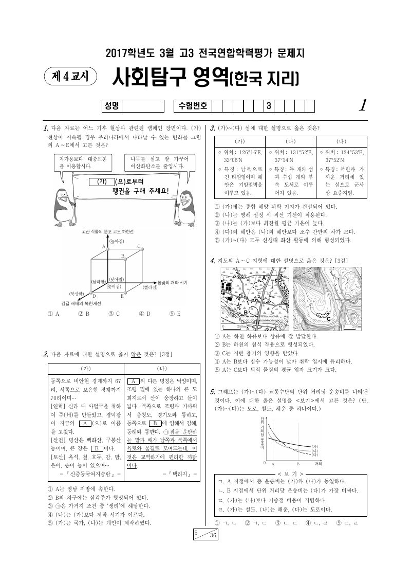 2017년 3월 고3 학력평가 한국지리 시험지 첫 페이지