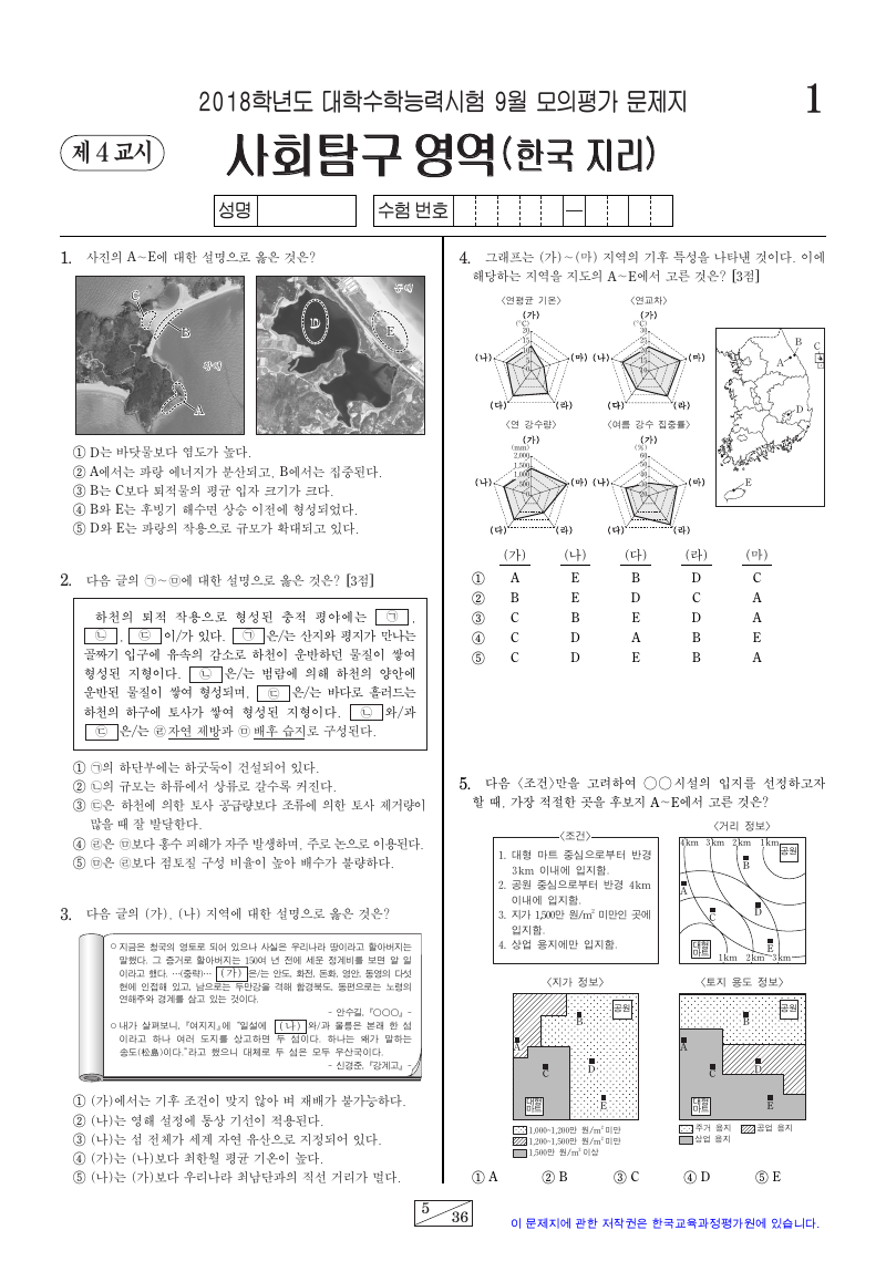 2018학년도 9월 모의평가 한국지리 시험지 첫 페이지