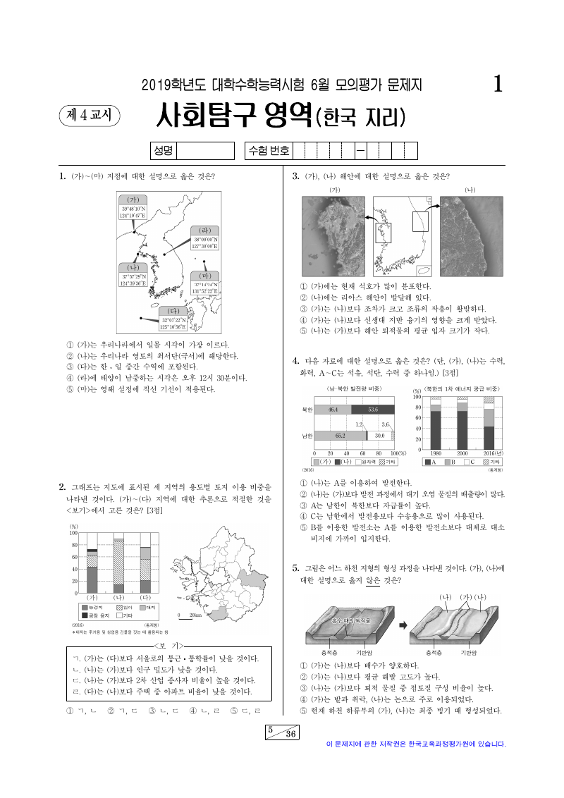 2019학년도 6월 모의평가 한국지리 시험지 첫 페이지