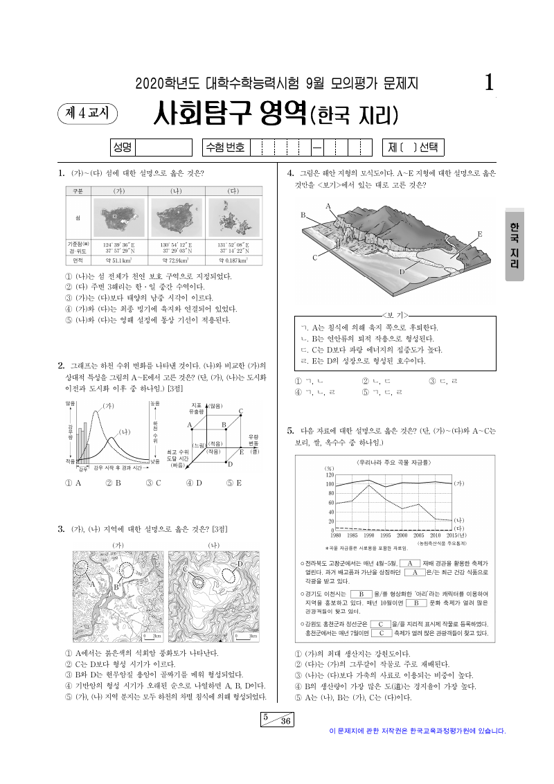 2020학년도 9월 모의평가 한국지리 시험지 첫 페이지