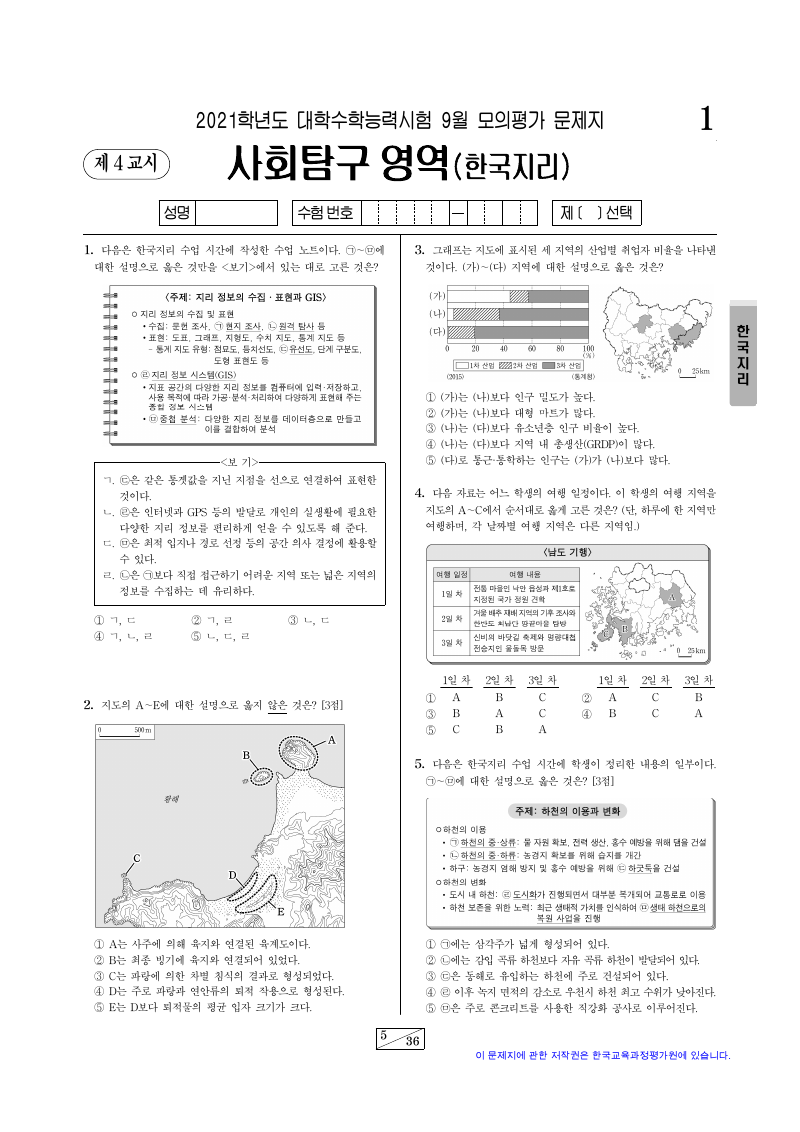 2021학년도 9월 모의평가 한국지리 시험지 첫 페이지