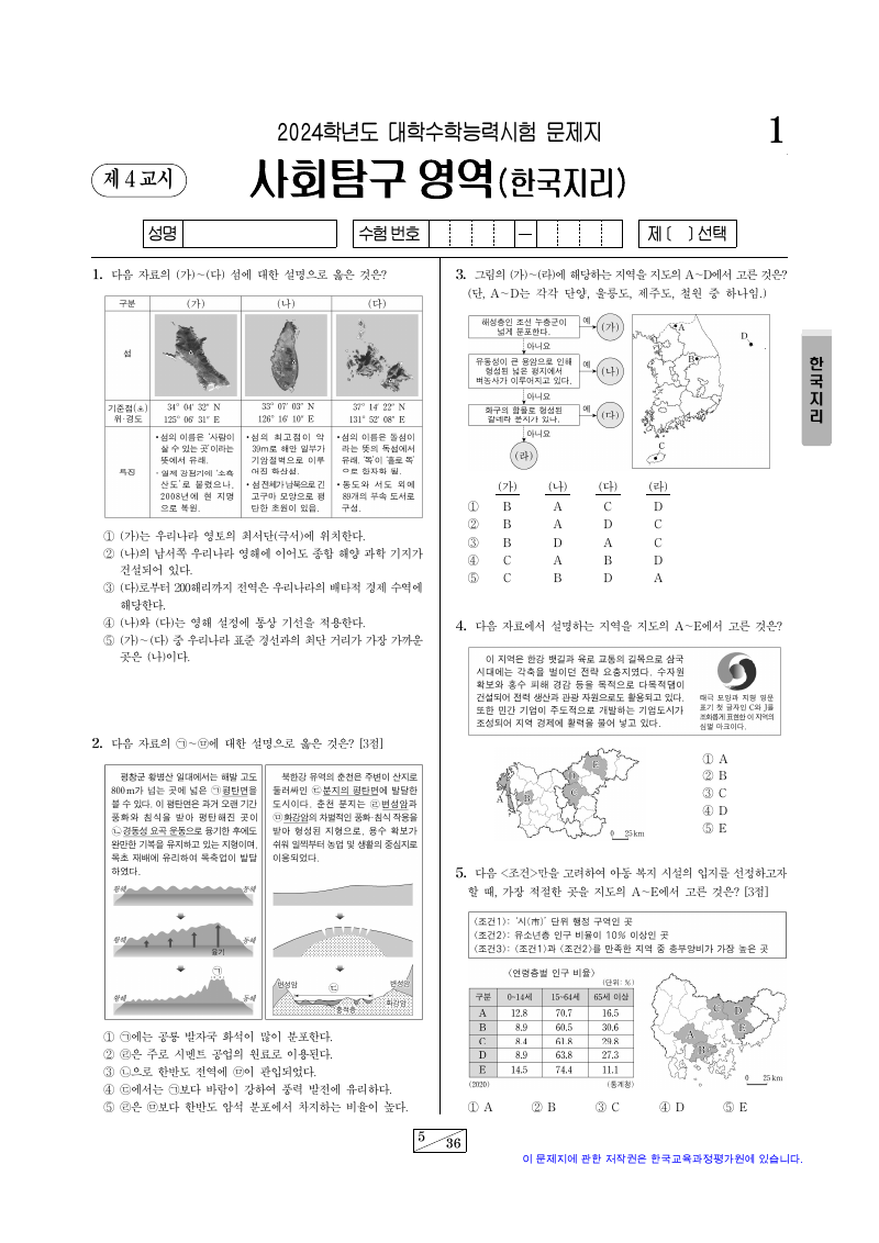 2024학년도 대학수학능력시험 한국지리 시험지 첫 페이지