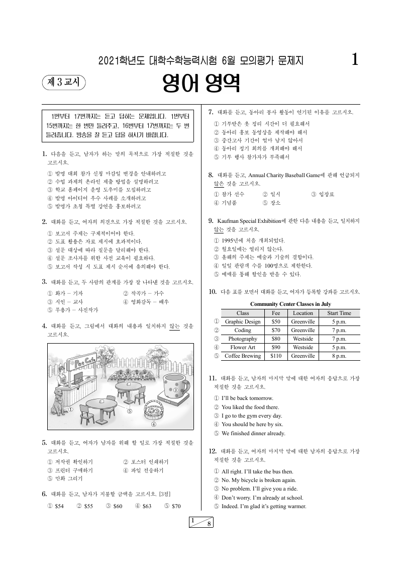 2021학년도 6월 모의평가 영어 시험지 첫 페이지