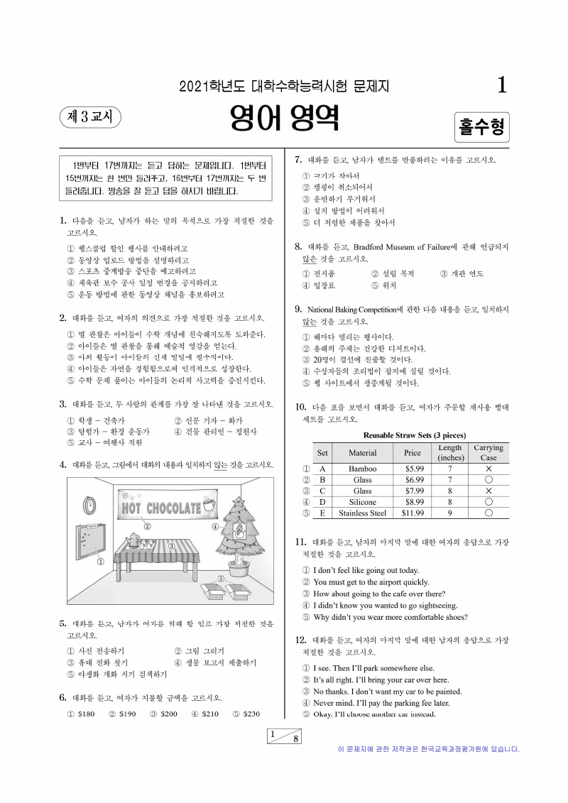 2021학년도 대학수학능력시험 영어 시험지 첫 페이지