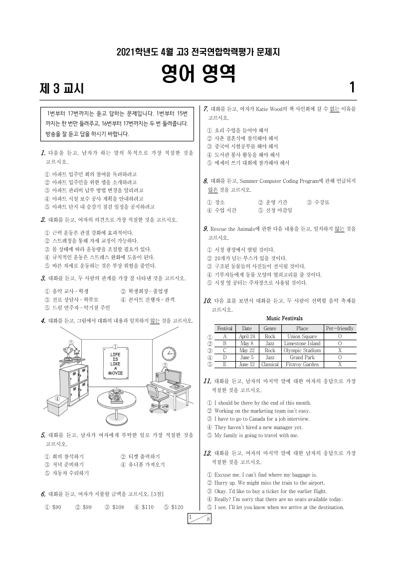 2021년 4월 고3 학력평가 영어 시험지 첫 페이지
