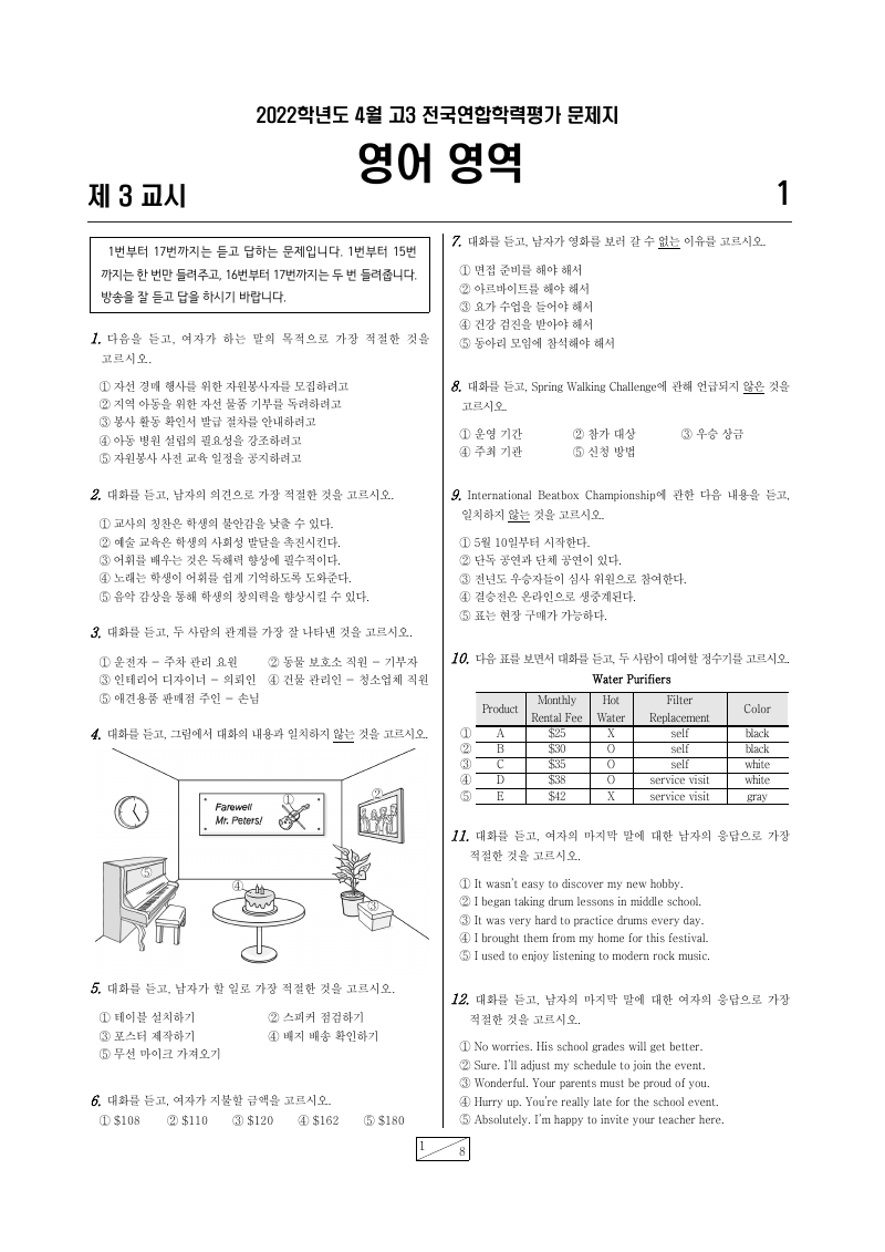 2022년 4월 고3 학력평가 영어 시험지 첫 페이지