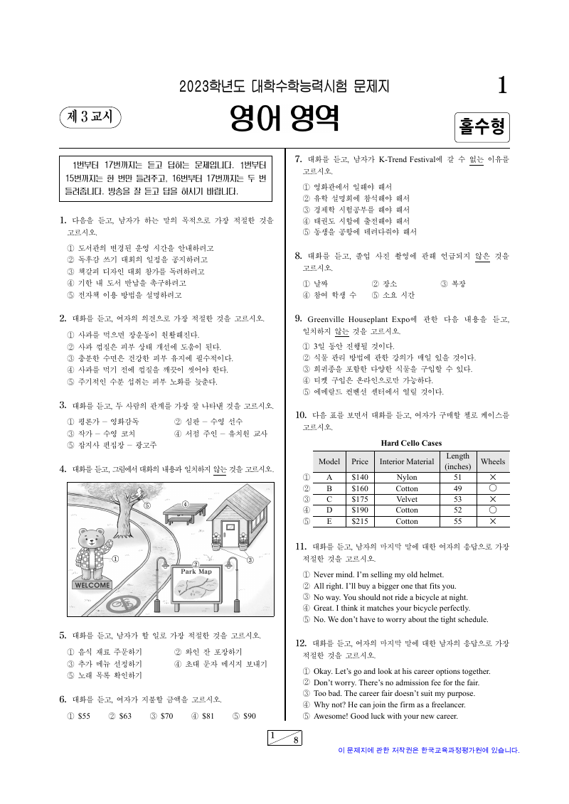 2023학년도 대학수학능력시험 영어 시험지 첫 페이지