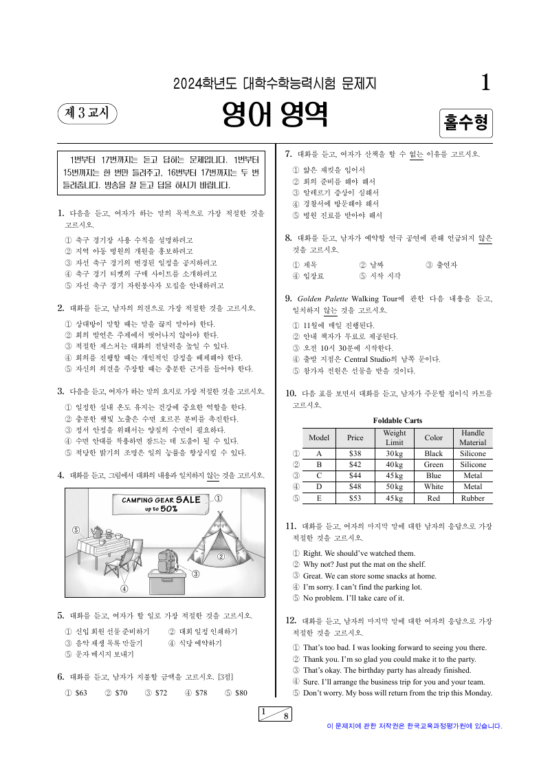 2024학년도 대학수학능력시험 영어 시험지 첫 페이지